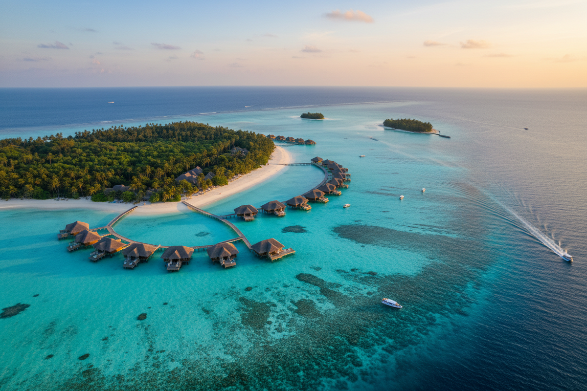 Aerial view of Maldives overwater bungalows with turquoise lagoon