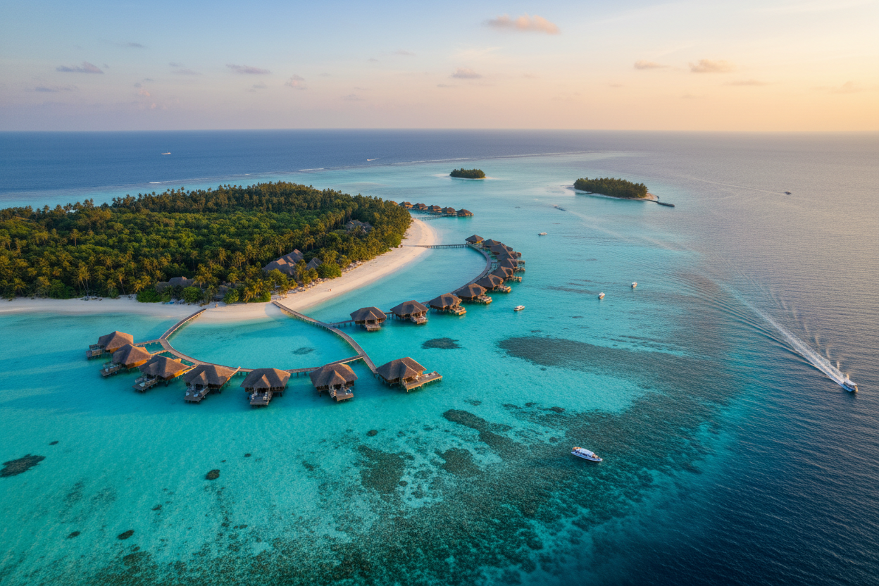 Aerial view of Maldives overwater bungalows with turquoise lagoon